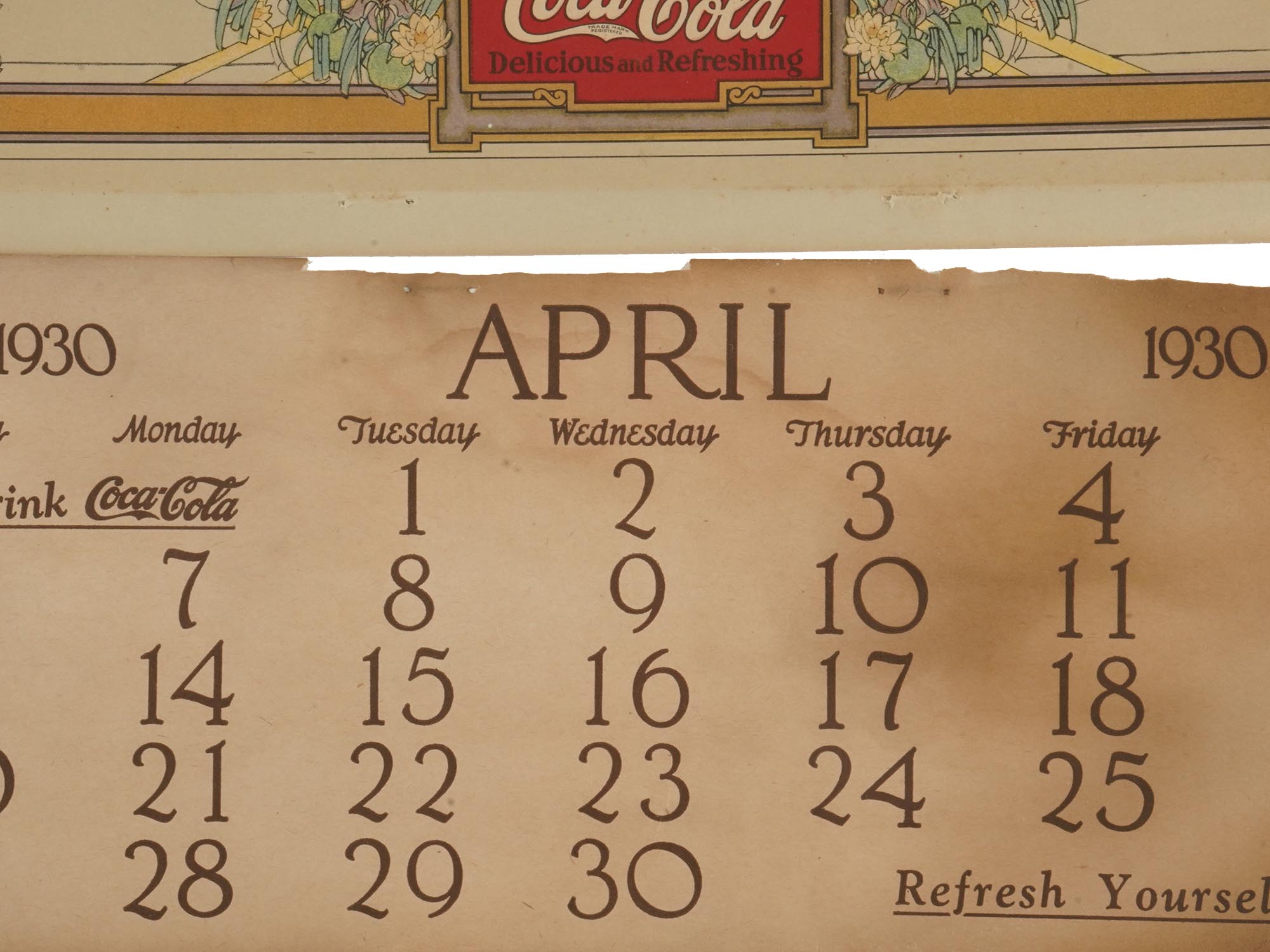 VINTAGE 1930 APRIL AMERICAN COCA COLA CALENDAR PIC-3